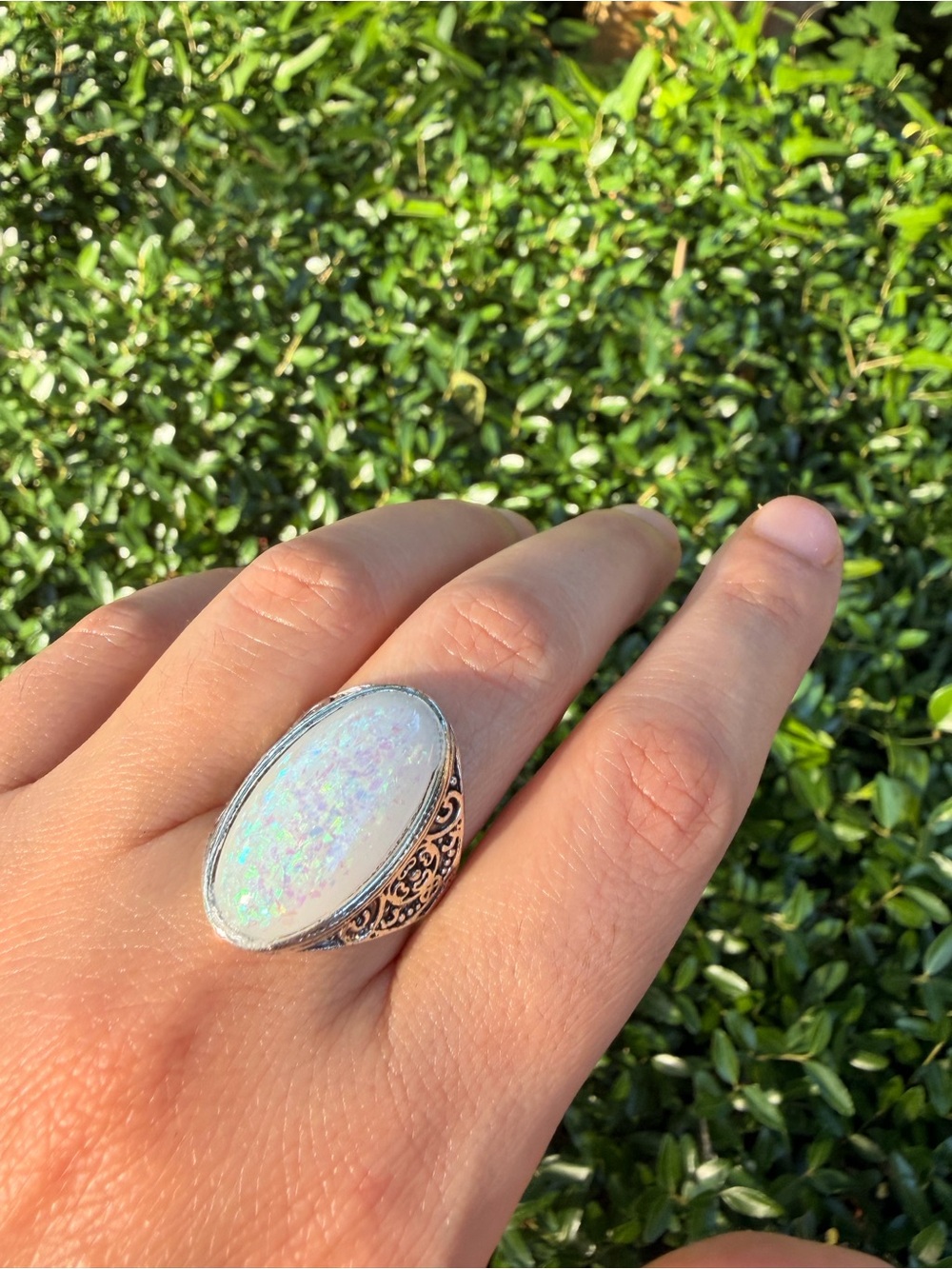 Silver Filigree White Opal-Style Oval Ring - Picture 5 of 6